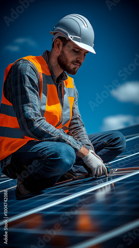 Lavoratore operaio installa pannelli solari fotovoltaici photo