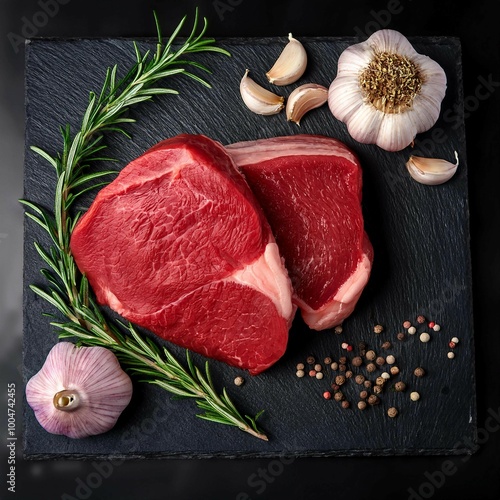 Raw Beef Steaks with Rosemary, Garlic, and Peppercorns