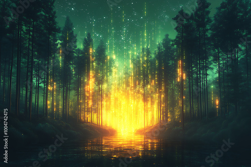 illustration featuring digital abstract technology with space for titles, layered over a forest background. Ideal for tech design concepts. 