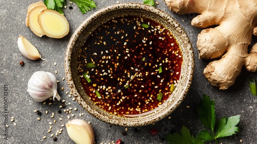 A tangy soy-ginger sauce in a small bowl surrounded by ginger slices, garlic cloves, and sesame seeds photo