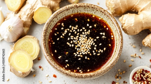 A tangy soy-ginger sauce in a small bowl surrounded by ginger slices, garlic cloves, and sesame seeds photo