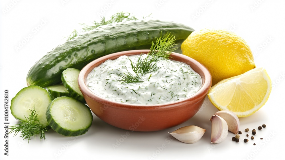 A tangy tzatziki sauce in a small bowl surrounded by cucumbers, garlic, dill, and lemon wedges, isolated on a clean white background A tangy tzatziki sauce in a small bowl surrounded by cucumbers, garlic, dill, and lemon wedges, isolated on a clean white background