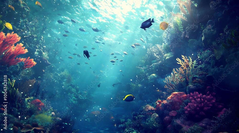 Fototapeta premium Vibrant Underwater Coral Reef Scene with Colorful Fish and Sunlight