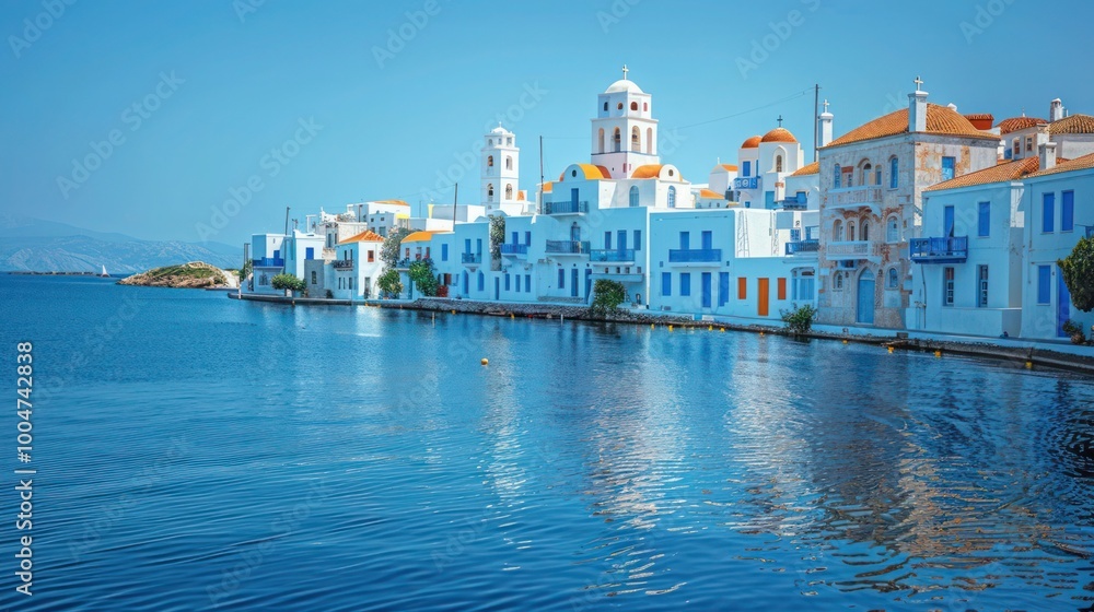 Fototapeta premium Panoramic Aerial View of Greek Village Chora on Hill – Scenic Image of Whitewashed Cycladic Houses, Aegean Sea, and Rocky Mediterranean Landscape under Bright Blue Summer Sky
