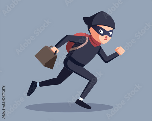 A thief in a black mask on his face is running with a bag in his hand. Cartoon style. Vector illustration.