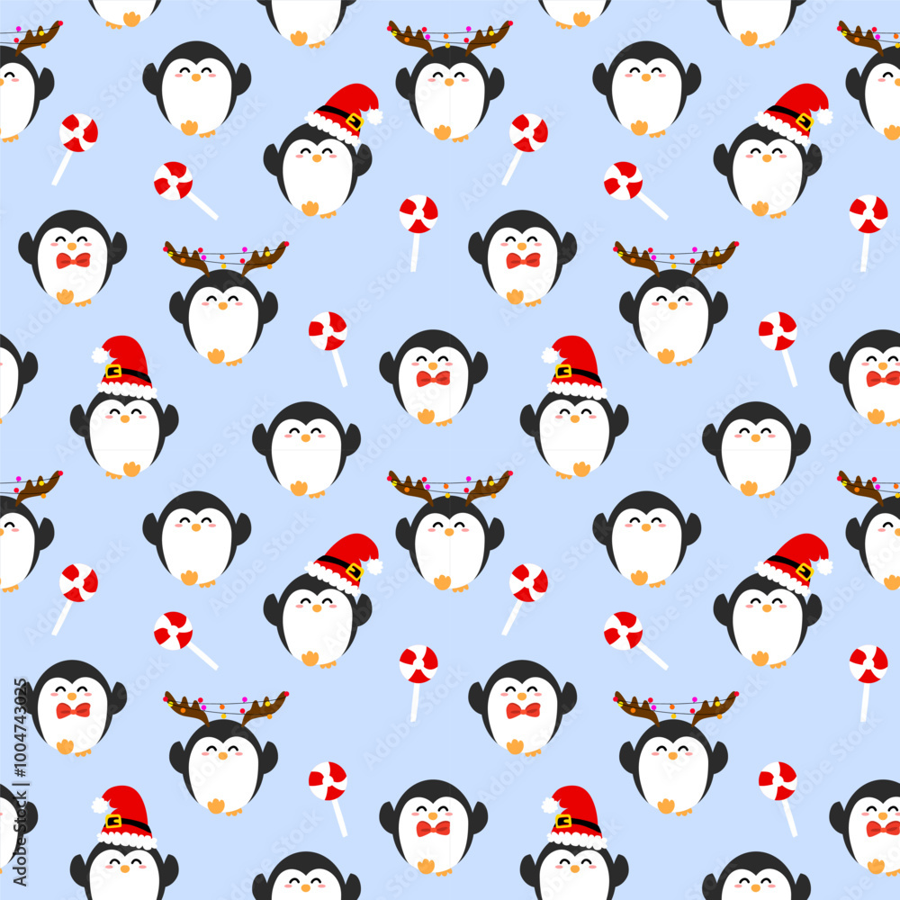 A seamless vector pattern featuring cute penguins with Christmas accessories like antlers, hats, and candy canes. Perfect for gift wrap, kids' textiles, decor, greeting cards, and holiday crafts A seamless vector pattern featuring cute penguins with Christmas accessories like antlers, hats, and candy canes. Perfect for gift wrap, kids' textiles, decor, greeting cards, and holiday crafts