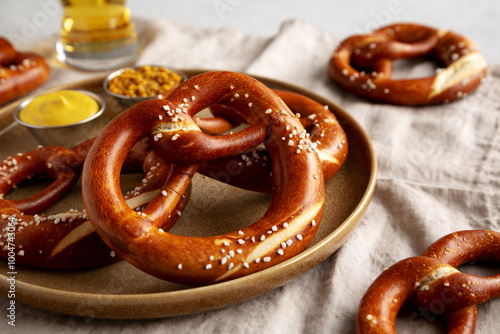 Homemade Bavarian-Style Soft Pretzels with Salt and Beer, side view.