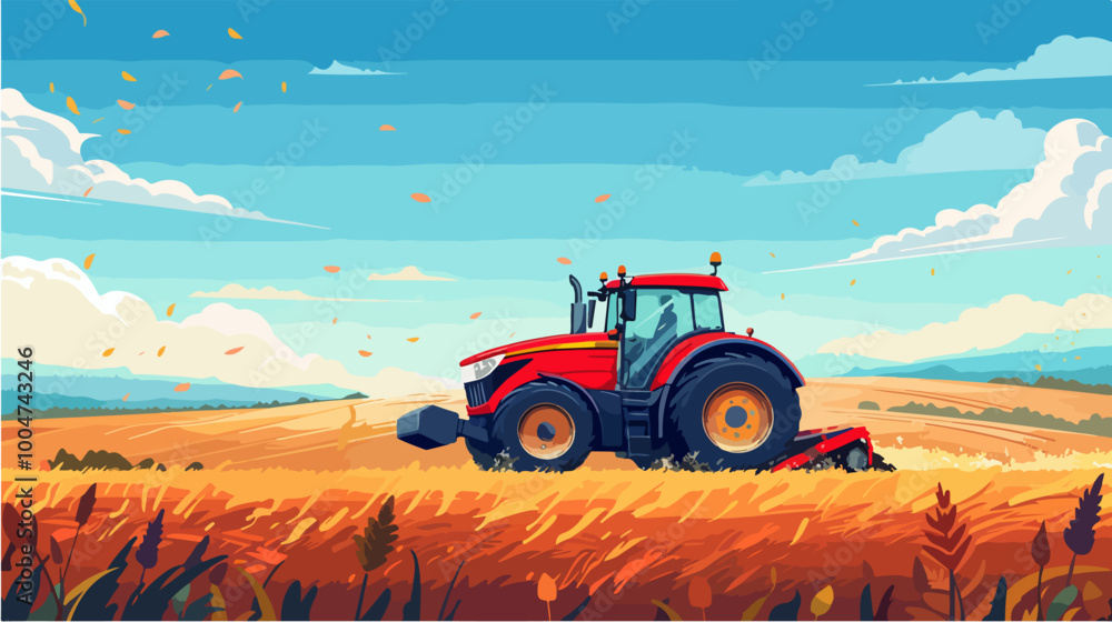 Red tractor plowing a field. Wheat harvesting. Red tractor plowing a field. Wheat harvesting.