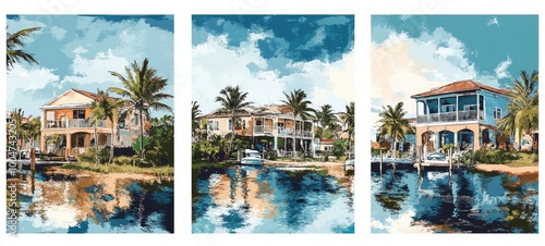 Beautiful waterfront homes in Port St Lucie captured in a vibrant artistic style showcasing tropical landscapes and serene reflections photo