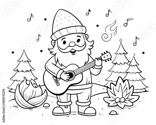 Santa Claus playing the guitar outline drawing. Flat vector illustration on white background.