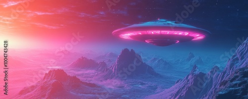 UFO hovering over alien landscape at sunset