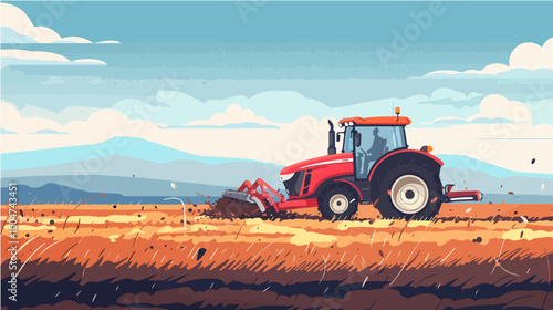 Red tractor plowing a field. Wheat harvesting.