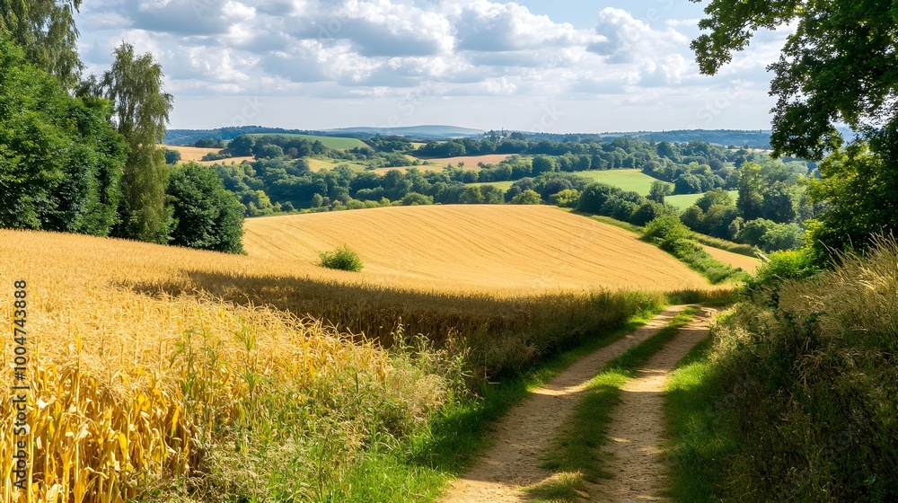 Obraz premium A scenic rural landscape with a trail through a golden field stretching towards the horizon framed by golden cornfields