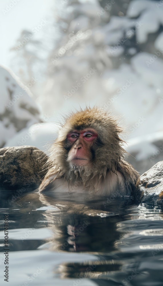 Obraz premium Snow Monkey in Hot Spring: Winter Relaxation and Serenity Amidst Snow-Covered Rocks