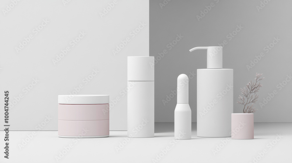 A row of white bottles and containers are arranged on a white background A row of white bottles and containers are arranged on a white background