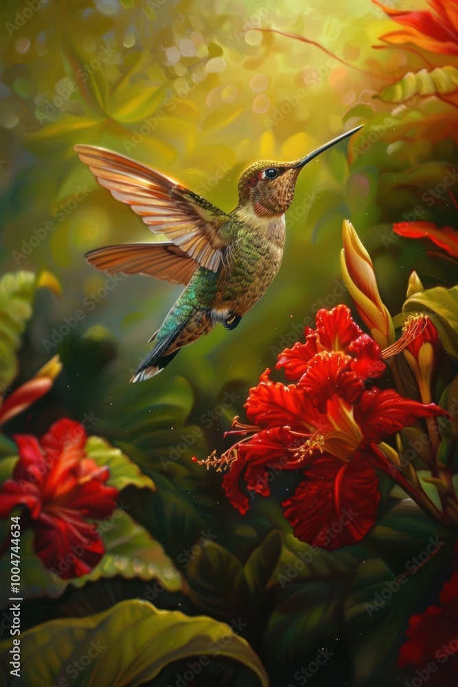Obraz premium Hummingbird in Sundrenched Garden Hovering Near Vibrant Red Flowers for Nature-Themed Posters
