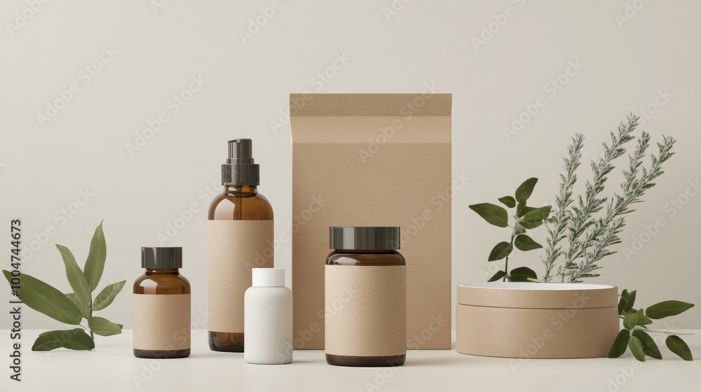 A collection of brown bottles and jars are displayed on a white background A collection of brown bottles and jars are displayed on a white background