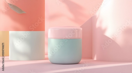 A small green container with a pink lid sits on a pink background