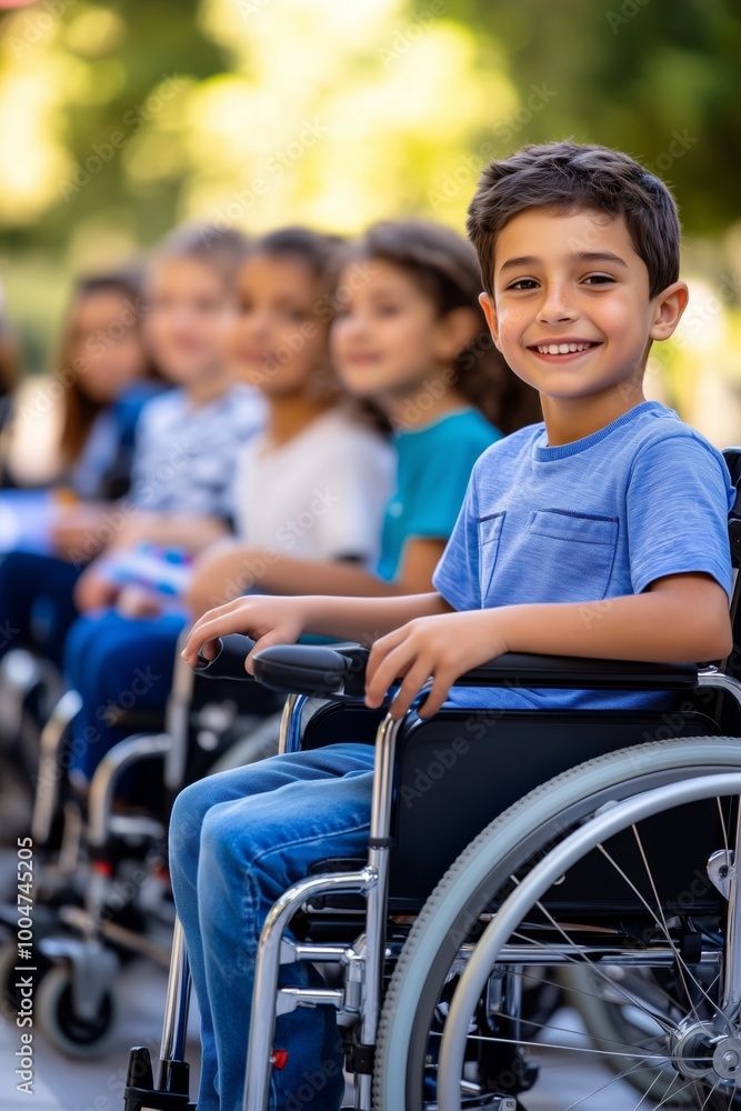 Group of children in wheelchairs enjoying the outdoors together. Concept of childhood and disability Group of children in wheelchairs enjoying the outdoors together. Concept of childhood and disability