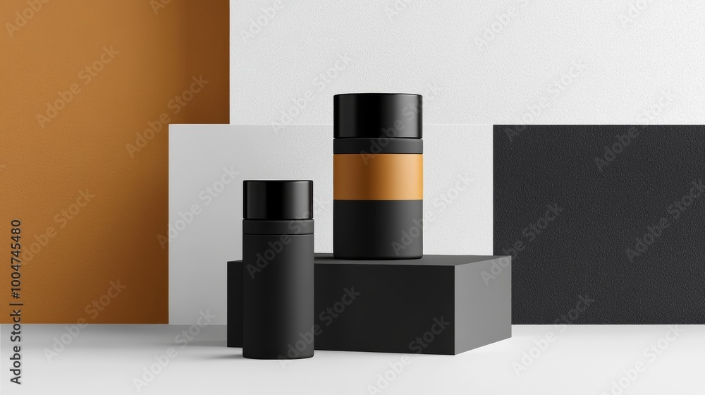 Two black containers with a brown stripe on them are on a white background Two black containers with a brown stripe on them are on a white background