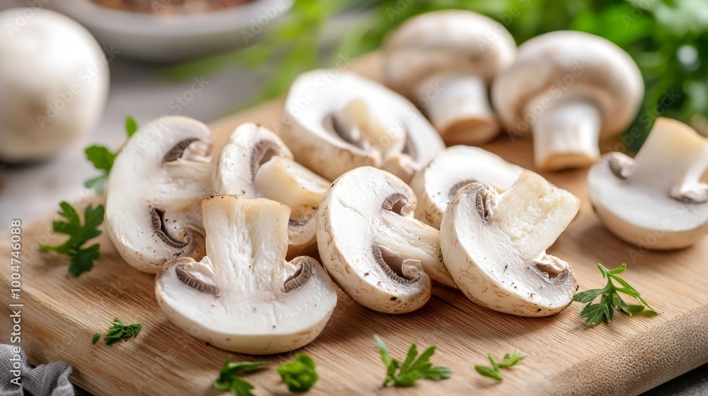 Sliced mushrooms ready for cooking on a cutting board