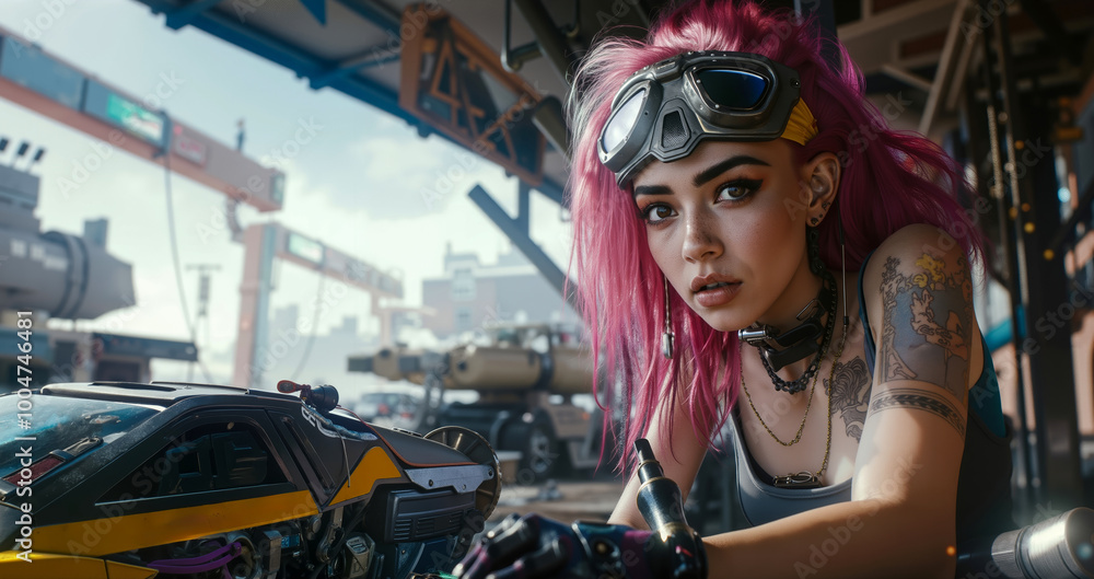 Fototapeta premium A woman with pink hair and goggles sitting next to a motorcycle