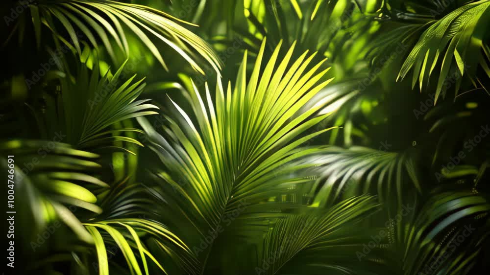 Close-Up of Lush Green Palm Leaves in Tropical Environment with Sunlight Filtering Through Close-Up of Lush Green Palm Leaves in Tropical Environment with Sunlight Filtering Through