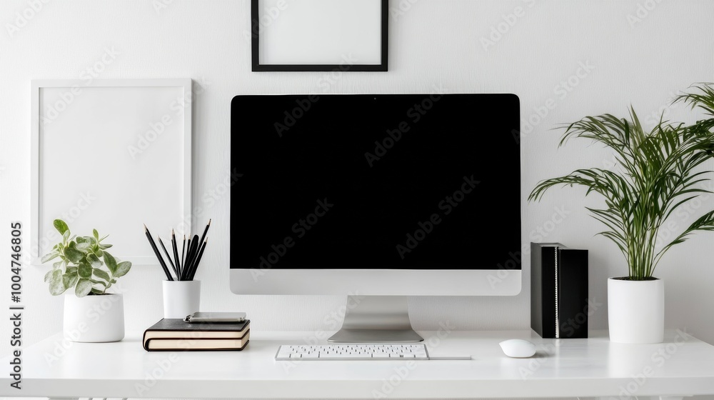 A computer monitor sits on a desk with a potted plant and a few books A computer monitor sits on a desk with a potted plant and a few books