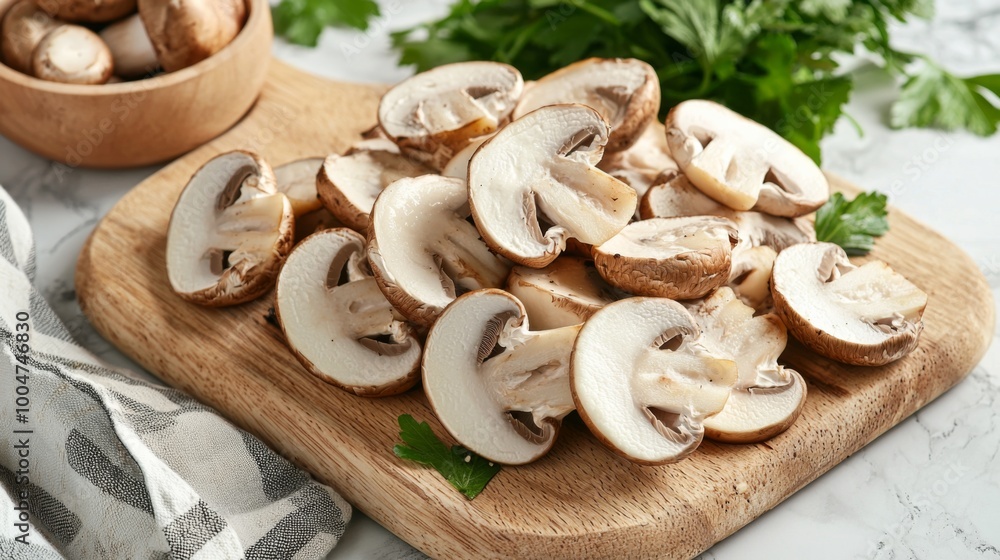Sliced mushrooms ready for cooking on a cutting board Sliced mushrooms ready for cooking on a cutting board