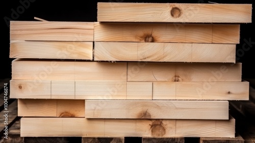 A stack of neatly piled wooden boards showcases industrial timber, with visible grain patterns and knots highlighting their natural texture.