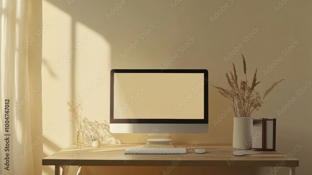 A computer monitor sits on a desk in front of a window A computer monitor sits on a desk in front of a window
