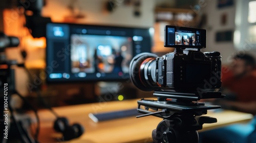 Professional video camera recording a film scene on a monitor