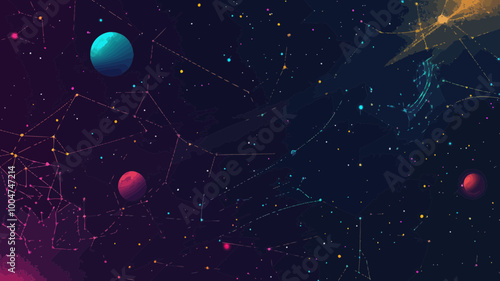 Abstract Vector Illustration of Cosmic Scales in Starry Sky with Planets and Wireframe Universe Concept for Balance and Justice Themes, Minimalist SVG Artwork