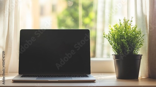 A laptop is open on a desk next to a potted plant