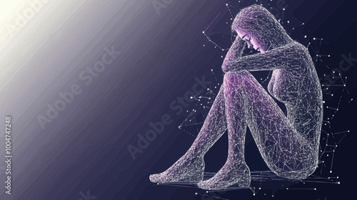 Polygonal Art of Depressed Woman Sitting Alone, Conceptual Wireframe Mesh Illustrating Psychological Disease and Loneliness, 3D Vector Art for Mental Health Awareness and Depression