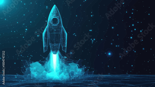 Digital Rocket Launch into Space, Technology Career Concept, Low Poly Wireframe Spaceship Vector, 3D Effect in Minimalist SVG Style