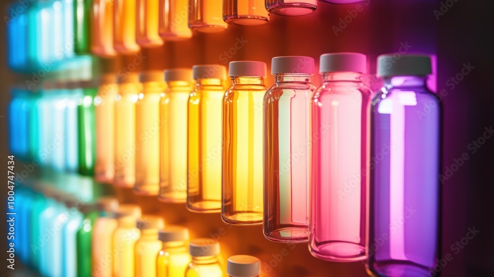 Colorful transparent bottles in a vibrant gradient display Colorful transparent bottles in a vibrant gradient display