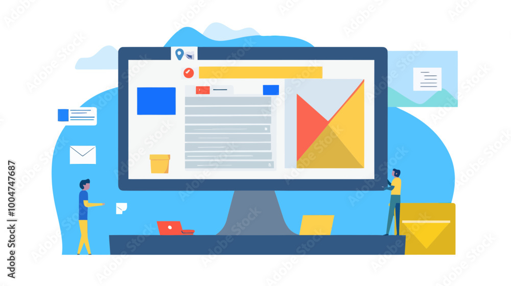 Flat Design HTML Email Concept Illustration Featuring Marketing and Business Communication on Large Desktop Monitor Flat Design HTML Email Concept Illustration Featuring Marketing and Business Communication on Large Desktop Monitor