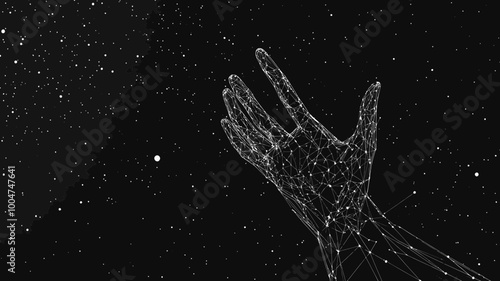 Futuristic Wireframe Hand Reaching for Stars in Night Sky Polygonal Digital Art, Low Poly Vector Futuristic Abstract Technology Concept