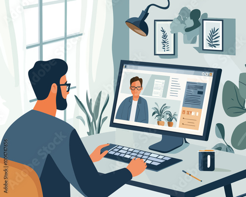 Hybrid Work Vector: Businessman in Home Office on Virtual Conference Call with Colleague, Remote Work Flexibility Concept
