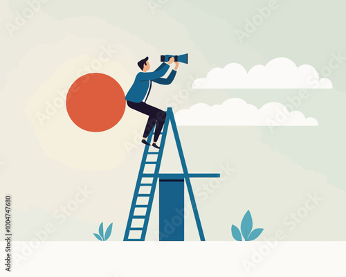Businessman Climbing Ladder with Binoculars Job Search Career Opportunity Flat Minimalist Vector