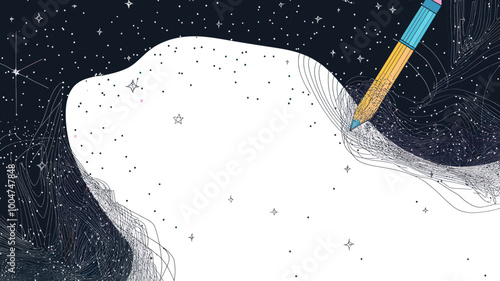 Abstract Vector Illustration of Back to School Concept with Pencil and Starry Sky Background, Mash Line, Points, and Universe Theme in Minimalist Style