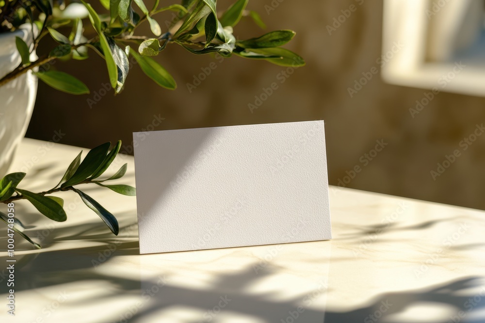 A blank card is elegantly placed on a marble surface, surrounded by soft lighting and greenery, This image is ideal for invitation designs, personal notes, or branding projects,