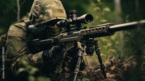 A military sniper, camouflaged in tactical gear, aims with precision in a dense, green forest environment.