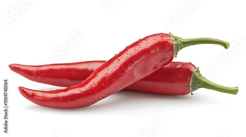 Two red chili peppers with water droplets on white background. photo