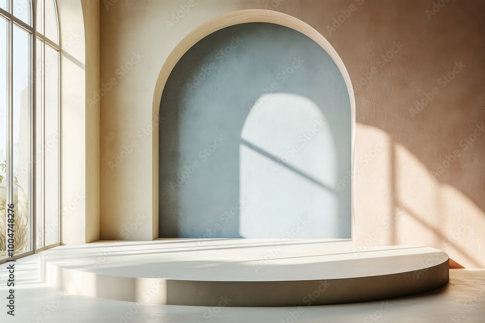 A minimalist interior space featuring soft-toned walls and a circular platform, illuminated by natural light, Ideal for showcasing products, hosting events
