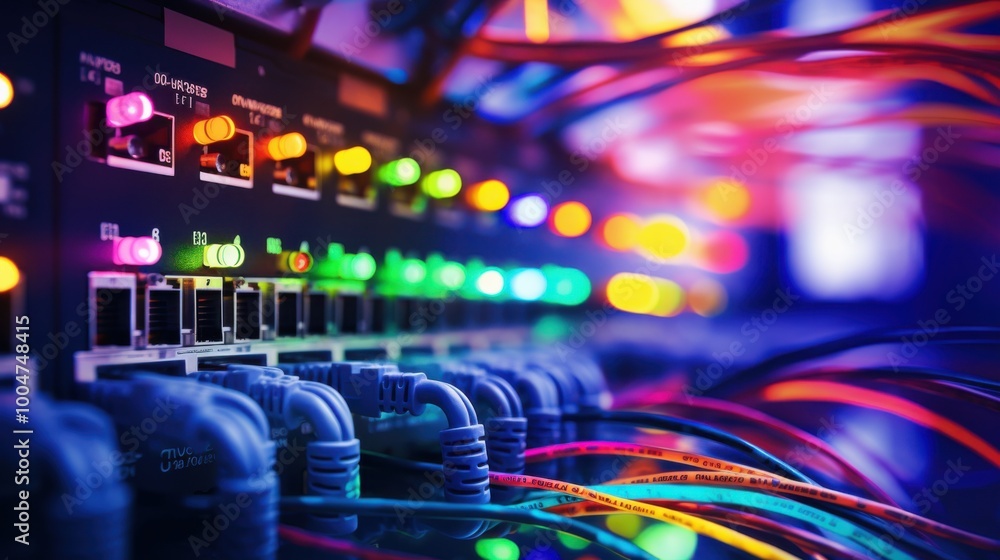 A dynamic close-up of a server rack, with multicolored network cables and LED indicators glowing, illustrating the vibrant connectivity and data flow in a tech infrastructure. A dynamic close-up of a server rack, with multicolored network cables and LED indicators glowing, illustrating the vibrant connectivity and data flow in a tech infrastructure.