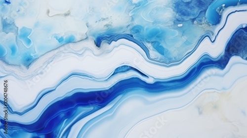 Mesmerizing blue and white agate with flowing patterns, portraying a serene abstract background with fluid ink textures.