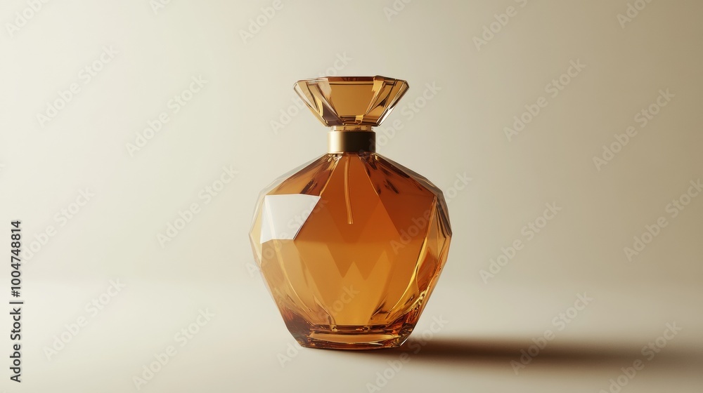 A bottle of perfume with a gold cap sits on a table A bottle of perfume with a gold cap sits on a table
