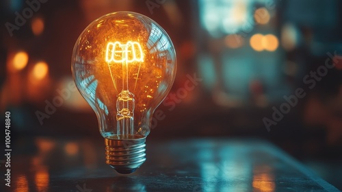 A close-up of a glowing light bulb suspended in the air, creating a warm ambiance, This image can be used for themes of innovation, creativity, and inspiration in marketing or design projects,